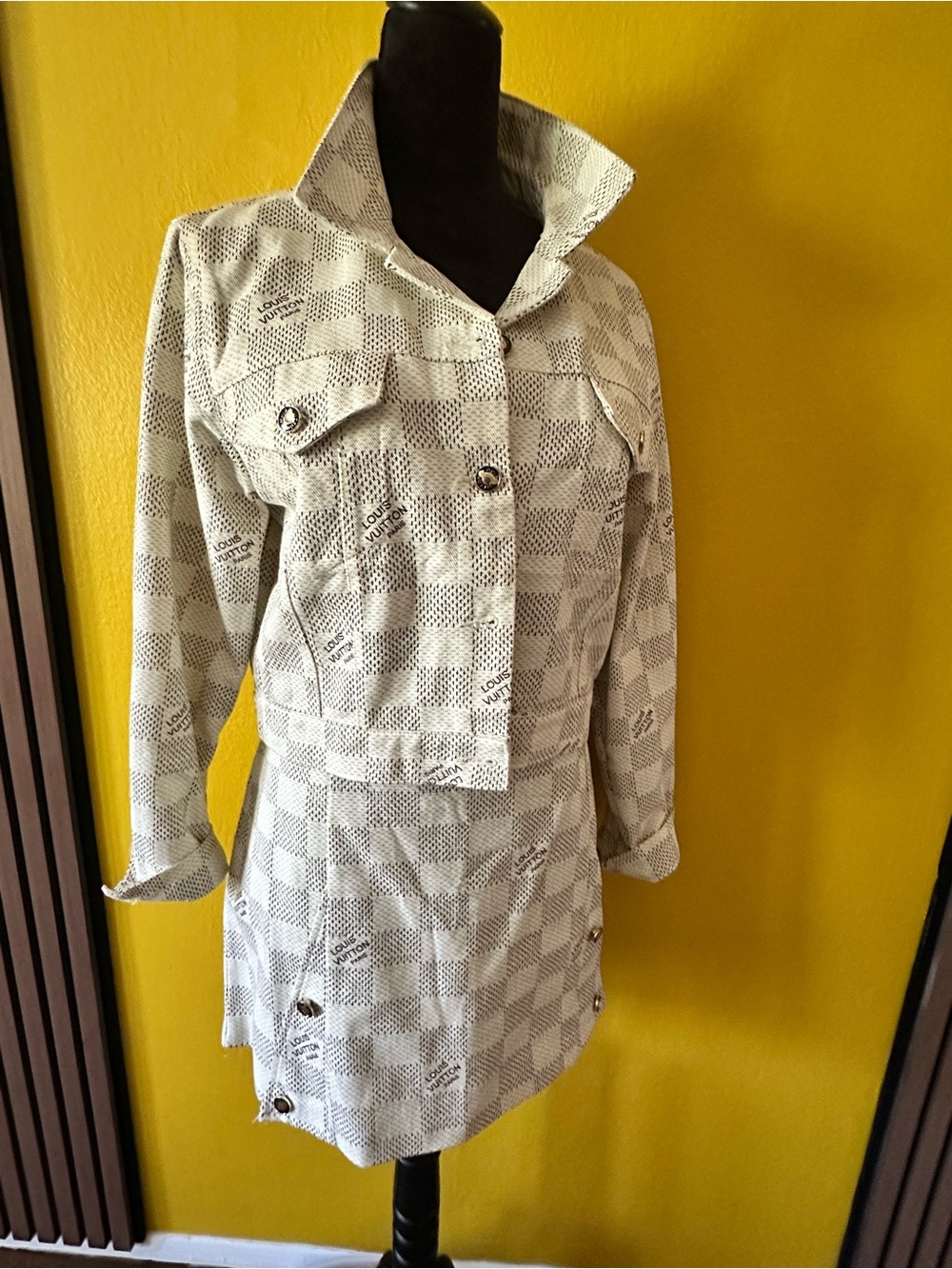Light Cream Checked Women's denim jacket, and mini skirt - Picture 3 of 3
